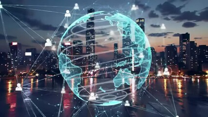 Holographic digital globe with network connections over urban skyline at dusk. Futuristic worldwide data visualization with interconnected nodes, illuminated city infrastructure and waterfront. - Powered by Adobe