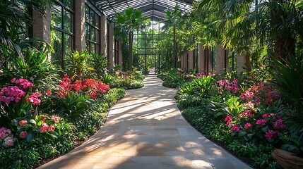 A beautifully designed indoor botanical garden with a stone pathway featuring vibrant plants image.