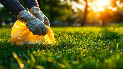 Evening park clean-up by volunteers. Hands in gloves pick up litter in a green park during sunset, promoting community cleanliness and environmental care.