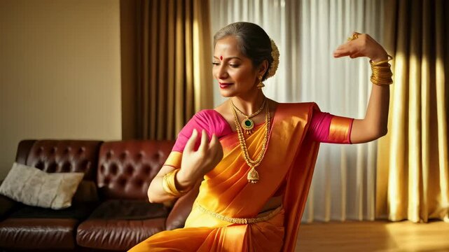 Elegant Indian woman practices Bharatnatyam dance, adorned in traditional silk saree and jewelry, reflecting cultural heritage and artistic hobby.