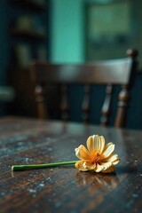 Close-up of an empty chair at a table, symbolizing isolation and solitude A single, wilting flower sits forlornly nearby, emphasizing the feeling of loneliness and abandonment , empty chair, lifeless