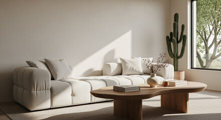 Modern living room with white modular sofa organic wooden coffee table and tall cactus plant