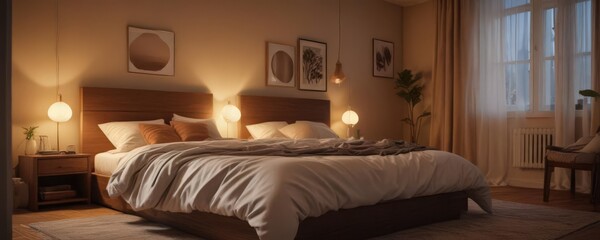 Cozy bedroom with warm lighting and textured bedding, plants, calm, interior