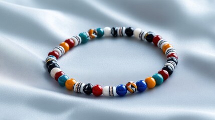 A vibrant bracelet made of various colorful beads is showcased on a soft, smooth fabric. The arrangement highlights the artistic design and craftsmanship of the piece
