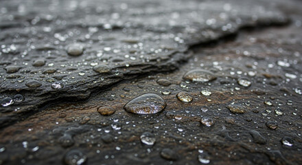 Glistening water droplets on dark textured rock surface