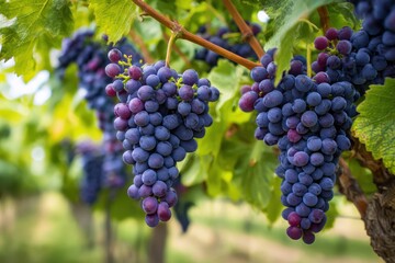 Fototapeta premium In a sun-drenched vineyard, vibrant clusters of ripe grapes hang from the vines, promising the rich flavors of summer's bounty captured in each plump fruit