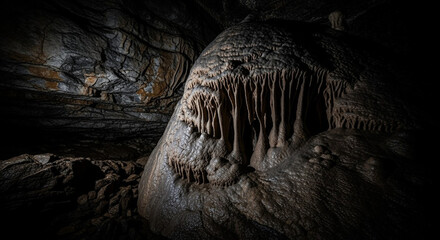 Textured dark cave formation with intricate hanging stalactites and massive stalagmite