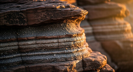 Sunlit layered rock formation showcasing intricate natural geological patterns