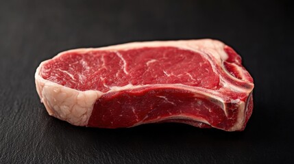 A ribeye steak with rich marbling lies on a dark surface, showcasing its vibrant red color and juicy texture, ideal for grilling or pan-searing. Perfect for culinary enthusiasts