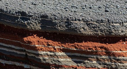 Close-up view of multi-colored volcanic rock layers displaying distinct geological strata and natural textures