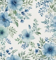 Obraz premium Creamy white background with delicate blue and green watercolor floral pattern , vintage, green