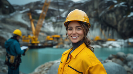 Female hydroelectric project manager wearing yellow safety helmet and uniform at work site looking focused and determined. 