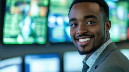 Black male cybersecurity analyst smiling at camera, with security monitors in the background.