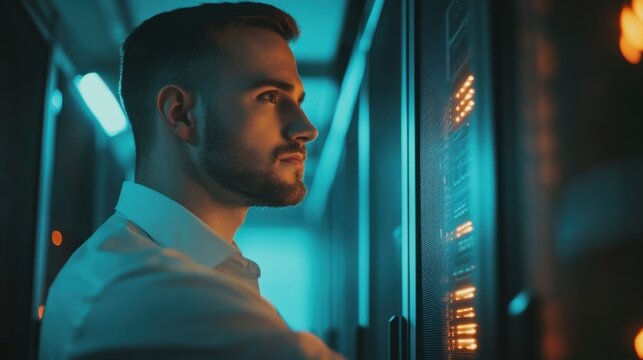 Skilled IT professional expertly managing data while navigating in industrial server room. Expert ensuring flawless cybersecurity protection, optimizing systems and perform necessary updates