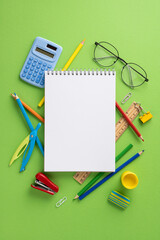 Various vertical colorful school supplies surround a blank notebook on a green background. The arrangement inspires creativity, perfect for ideas related to education, study, and school projects
