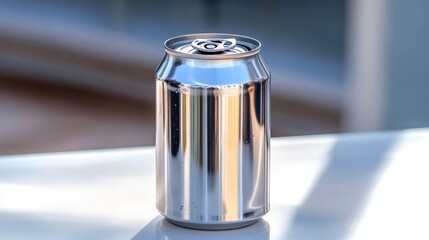 A shiny aluminum can stands upright on a smooth surface, illuminated by warm sunlight. The can's reflective surface captures the outdoor ambiance, suggesting a casual gathering