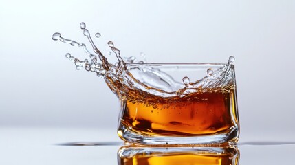 A glass filled with amber whiskey experiences a striking splash as ice cubes collide with the liquid. The setting creates a tranquil atmosphere, perfect for unwinding