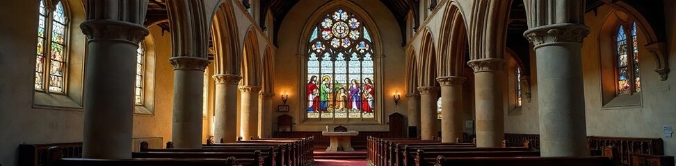 Historic English church interior, stained glass window depicting biblical scene, intricate stonework, peaceful atmosphere, religious heritage ,  landmark, church,  peaceful
