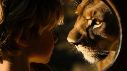 A charismatic man reflects on his inner strength and power through a lion s image in the mirror