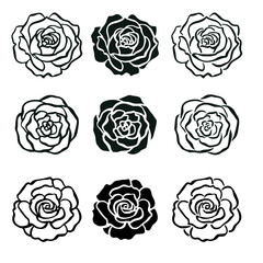 Simple rose silhouette isolated on white background. Vector illustration different icon roses.