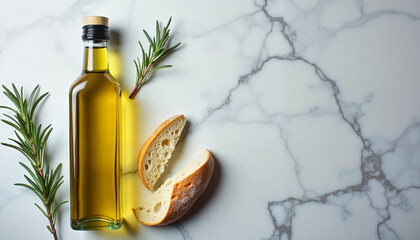 Olive Oil and Bread Tasting Moments with rosemary on a marble table and copy space, Culinary workshop visuals, food blog covers, cooking class advertising 