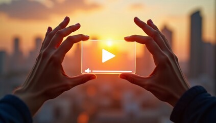 Online live video marketing concept. Photo sign made by human hands on blurred sunset sky as background