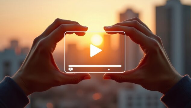 Online live video marketing concept. Photo sign made by human hands on blurred sunset sky as background - Powered by Adobe
