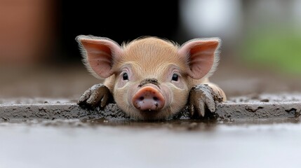 A piglet playing in a muddy pen