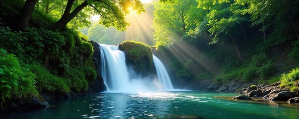 Serene waterfall cascading down a lush green hill, sunlight dappling the water's surface  Perfect for nature, travel, and environmental themes ,  peaceful,  woodland,  water