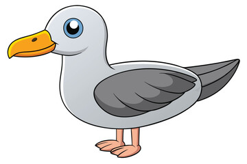 Cartoon Seagull Illustration with Yellow Beak and Blue Eye Standing Calmly