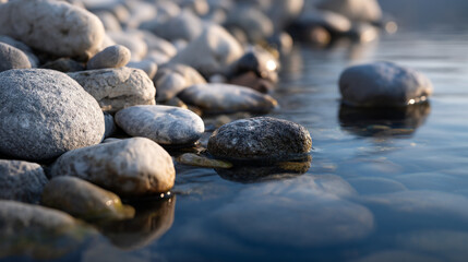 A close up view of smooth rocks and pebbles partially submerged in shallow water on a sunny day