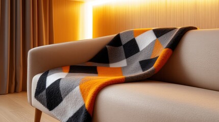 A colorful blanket featuring geometric patterns rests on a minimalist sofa in a contemporary living room, illuminated by soft evening light. The atmosphere feels warm and inviting