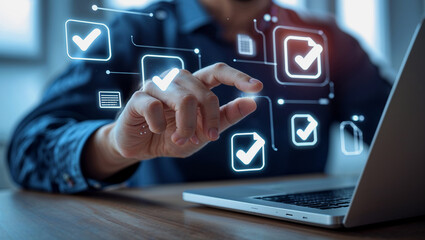 Businessman interacting with digital checkmarks representing task completion and successful project management.