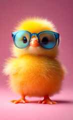 Chic girl in glasses posing. A fluffy yellow chick with bright blue glasses stands confidently on a pink background.