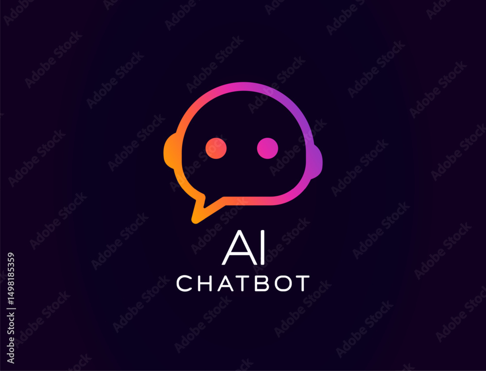 Poster ai chatbot logo with cute robot face inside speech bubble, glowing gradient style. great for custome