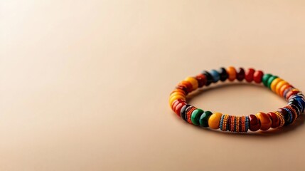 A vibrant beaded bracelet rests on a soft neutral surface, highlighting its intricate patterns and diverse colors. The bracelet represents artistic craftsmanship and cultural heritage