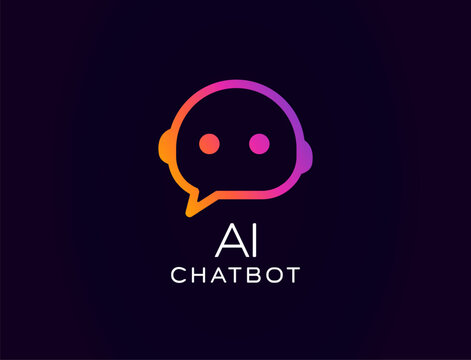 AI chatbot logo with cute robot face inside speech bubble, glowing gradient style. Great for customer support bots, smart virtual assistants, tech branding. Vector illustration.