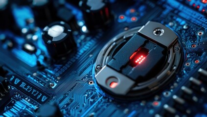 Fototapeta premium Close-up of a Futuristic Circuit Board with Glowing Red LED