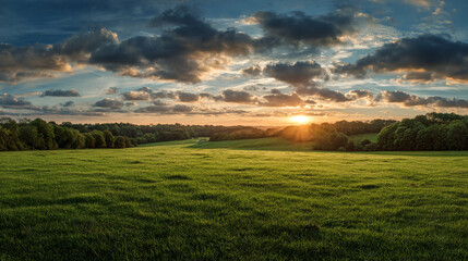 Naklejka premium A scenic view of a lush green field with trees and a cloudy sky at sunset creating a peaceful landscape