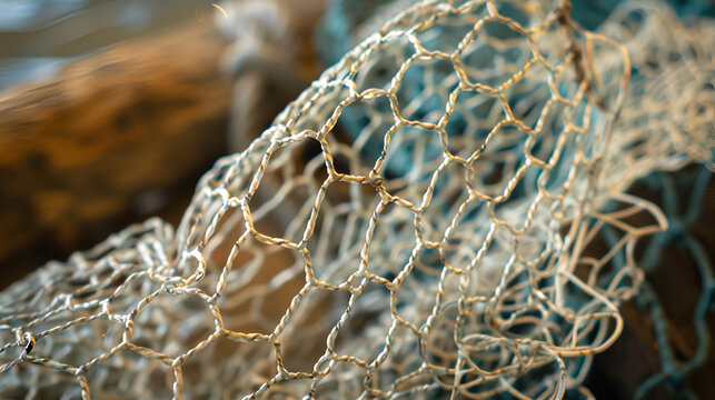 A close up shot of a weathered chicken wire with a blurred background in a warm color palette