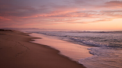 A beach scene with waves rolling in under a pink and orange sky at sunset with footprints in sand