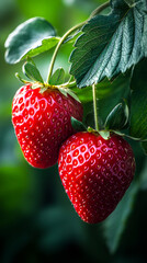 Juicy strawberries growing in a garden. Two ripe, red strawberries hang from a green plant, showcasing their vibrant color in a sunny garden.