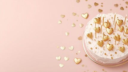Aerial view of frosted white birthday cake topped with glowing gold candles and heart confetti, set on a soft pink backdrop with space