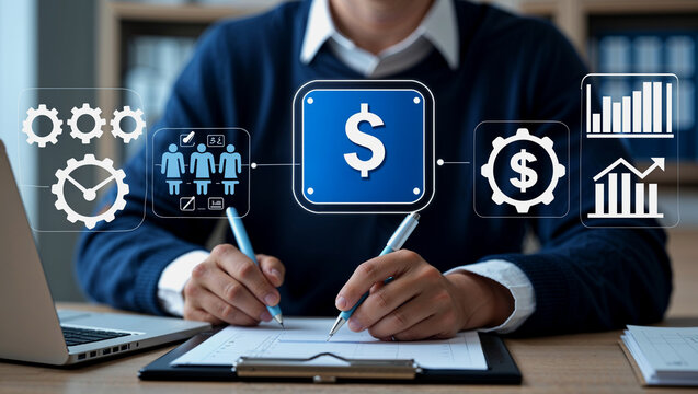 Businessperson analyzing financial data with digital interface and dollar symbol - Powered by Adobe