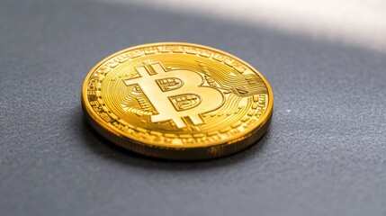 A golden Bitcoin coin is set on a gray surface, showcasing its intricate design. Soft light reflects off the coin, enhancing its shiny surface and unique texture