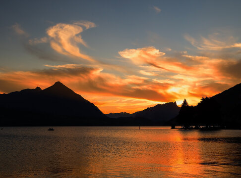 Beautiful Lake Thun Sunset in the Jungfrau Area, Switzerland.