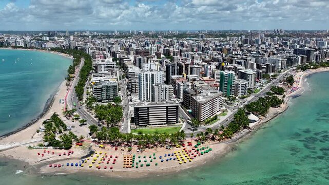 Central Beach At Maceio Alagoas Brazil. Bird Eye View Of A Amazing Coastal Beach In The Summer Holiday. Shore Horizon Beach Sea. Seaside Travel. Maceio Alagoas.