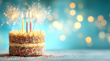 Dual-layered bright cake topped with flames and sparklers bursting in a soft yellow-blue fantasy background glow