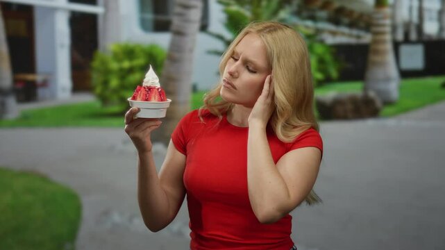 Young woman outdoors holding ice cream with strawberries on a city street in a casual red shirt, looking contemplative amid palm trees and urban surroundings.