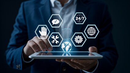 Businessperson using digital tablet with global service and customer support icons